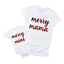 Load image into Gallery viewer, Set of 2 - Matching Mommy and Me Christmas Merry Mama and Merry Mini Shirt Set for Mom and Daughter or Son - White