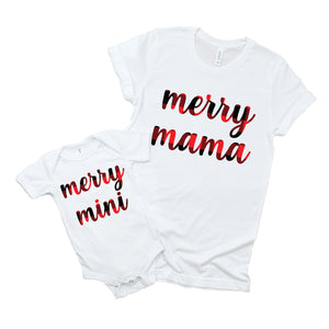 Set of 2 - Matching Mommy and Me Christmas Merry Mama and Merry Mini Shirt Set for Mom and Daughter or Son - White