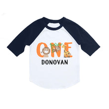 Load image into Gallery viewer, Jungle Safari or Zoo Themed 1st Birthday Party Personalized Raglan Shirt for Boys