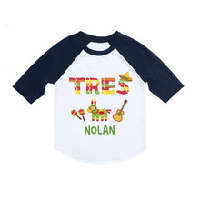 Load image into Gallery viewer, Mexican Fiesta Tres 3rd Birthday Party Personalized Raglan Shirt for Boys