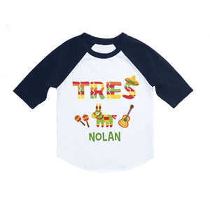 Mexican Fiesta Tres 3rd Birthday Party Personalized Raglan Shirt for Boys