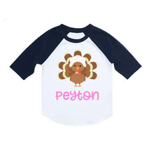 Load image into Gallery viewer, Thanksgiving Shirt for Girls, Toddler and Baby Girl Thanksgiving Turkey Personalized Raglan