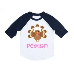 Thanksgiving Shirt for Girls, Toddler and Baby Girl Thanksgiving Turkey Personalized Raglan