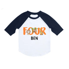 Load image into Gallery viewer, Jungle Safari or Zoo Themed 4th Birthday Party Personalized Shirt for Boys - Raglan