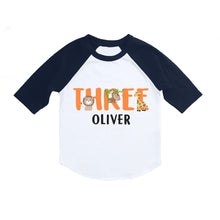 Load image into Gallery viewer, Jungle Safari or Zoo Themed 3rd Birthday Party Personalized Shirt for Boys - Raglan