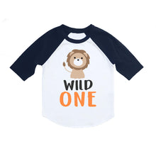 Load image into Gallery viewer, Wild One Lion Jungle Safari or Zoo First 1st Birthday 3/4 Sleeve Raglan Shirt