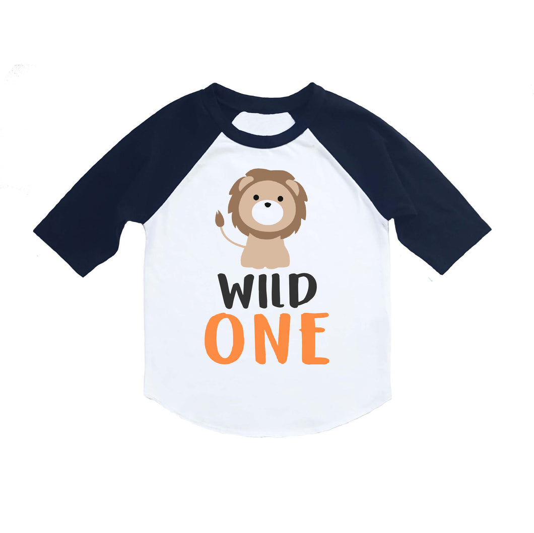 Wild One Lion Jungle Safari or Zoo First 1st Birthday 3/4 Sleeve Raglan Shirt