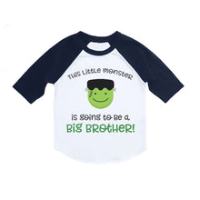 Load image into Gallery viewer, Halloween Big Brother Pregnancy Announcement Raglan Shirt for Boys, Halloween Frankenstein Little Monster Big Brother Announcement Shirt