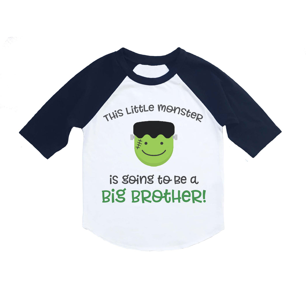 Halloween Big Brother Pregnancy Announcement Raglan Shirt for Boys, Halloween Frankenstein Little Monster Big Brother Announcement Shirt