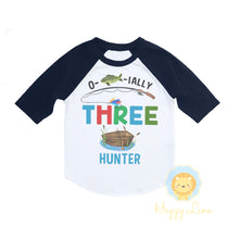 Load image into Gallery viewer, Fishing 3rd Third Birthday Party Personalized Raglan Shirt for Boys - O-fish-ally Three