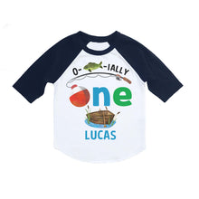 Load image into Gallery viewer, Fishing O-fish-ially One First 1st Birthday Personalized 3/4 Sleeve Raglan Shirt