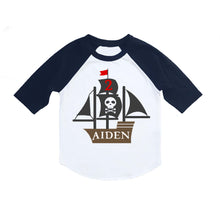 Load image into Gallery viewer, Pirate Ship Birthday Shirt for Toddler Boys - Personalized 3/4 Sleeve Raglan