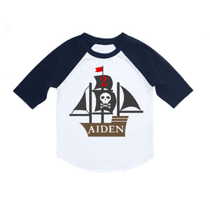 Pirate Ship Birthday Shirt for Toddler Boys - Personalized 3/4 Sleeve Raglan