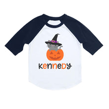 Load image into Gallery viewer, Halloween Shirt for Girls, Toddler and Baby Girls Halloween Cat Pumpkin Personalized Raglan Shirt, 