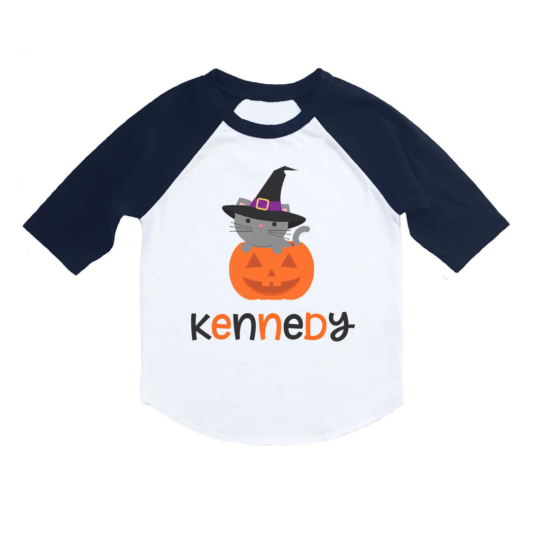 Halloween Shirt for Girls, Toddler and Baby Girls Halloween Cat Pumpkin Personalized Raglan Shirt, 