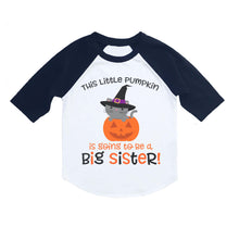 Load image into Gallery viewer, Halloween Big Sister Pregnancy Announcement Raglan Shirt for Girls, Halloween Pumpkin Cat Cute Big Sister Baby Announcement Shirt