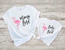 Load image into Gallery viewer, Set of 2 - Flamingo Mama Bird and Baby Bird Matching Mommy and Me Outfit Shirt Set - White
