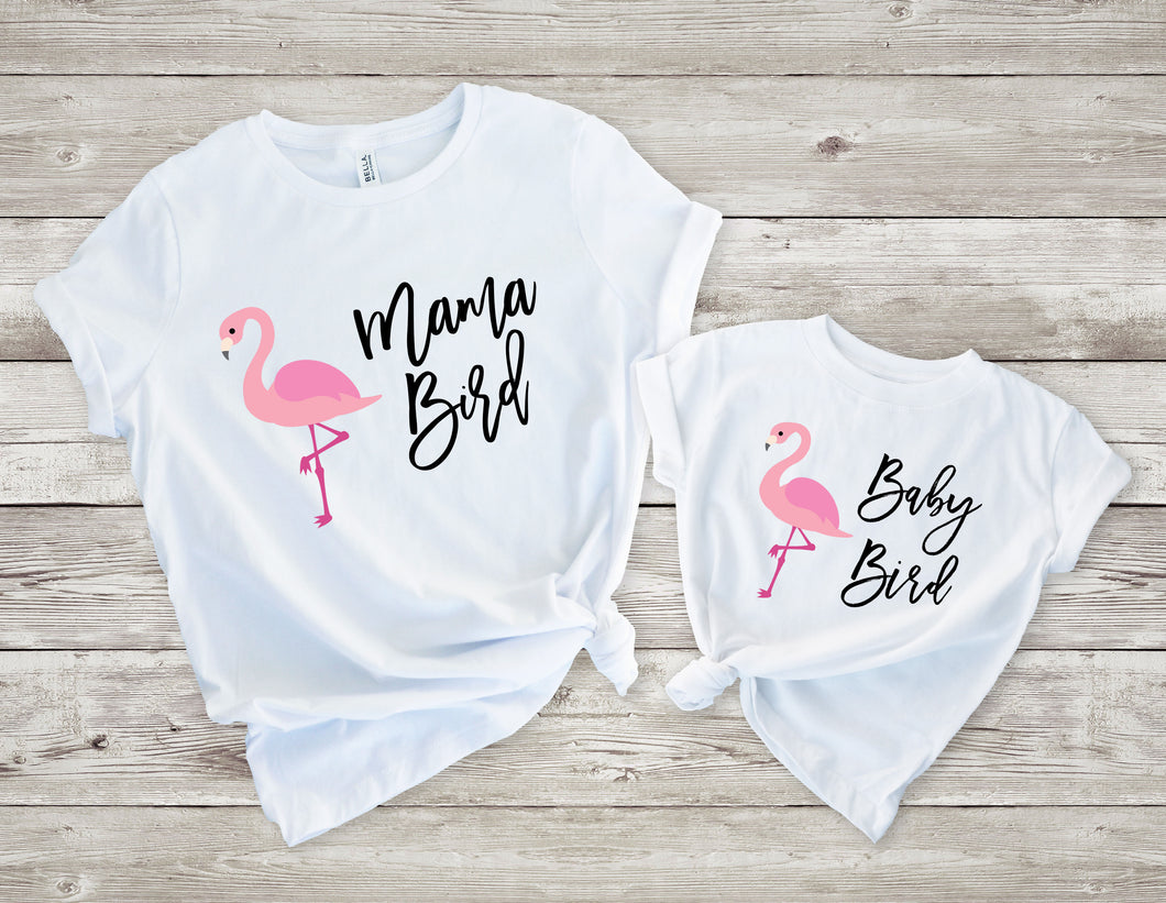 Set of 2 - Flamingo Mama Bird and Baby Bird Matching Mommy and Me Outfit Shirt Set - White