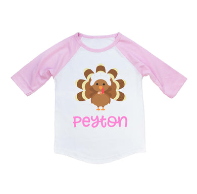 Thanksgiving Shirt for Girls, Toddler and Baby Girl Thanksgiving Turkey Personalized Raglan