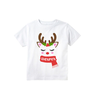 Toddler and Baby Girl Cute Christmas Reindeer Personalized T-shirt