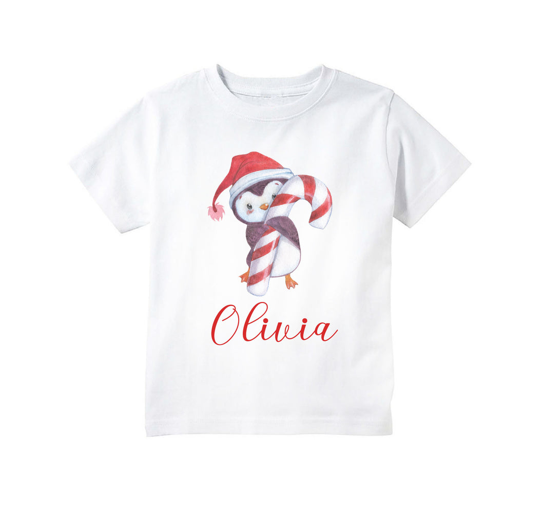 Christmas Shirt for Girls, Toddler and Baby Girl Cute Christmas Penguin Personalized T-shirt