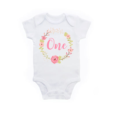 Floral Wreath One 1st Birthday Shirt or Bodysuit Outfit for Baby Girl