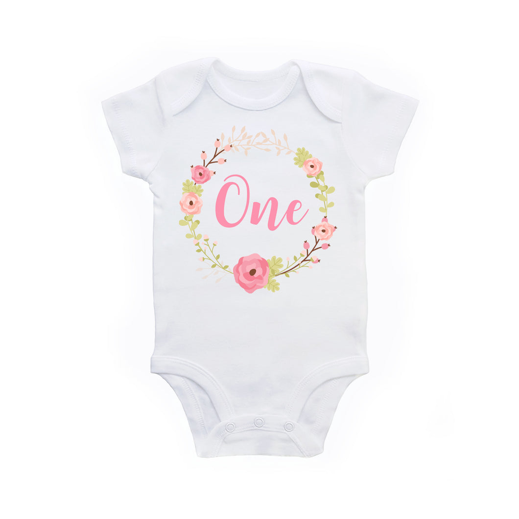 Floral Wreath One 1st Birthday Shirt or Bodysuit Outfit for Baby Girl