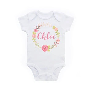 Personalized Floral Wreath Baby Girl Outfit Bodysuit onesie