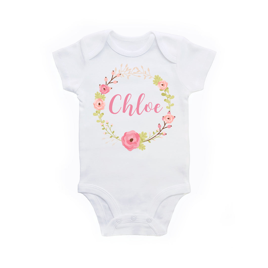 Personalized Floral Wreath Baby Girl Outfit Bodysuit onesie