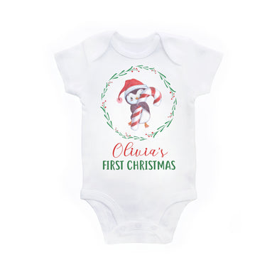 1st Christmas Outfit for Baby Girl - First Christmas Cute Penguin Personalized Bodysuit