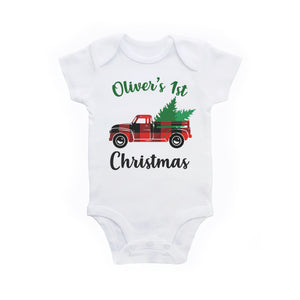 1st Christmas Outfit for Baby Boy - My First Christmas Red Truck Personalized Bodysuit for Baby Boy