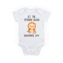 Load image into Gallery viewer, Pregnancy Announcement to Grandparents Let the Spoiling Begin Custom Date Baby Bodysuit - Lion