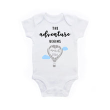 Load image into Gallery viewer, Adventure Begins Pregnancy Announcement Hot Air Balloon Custom Baby Bodysuit