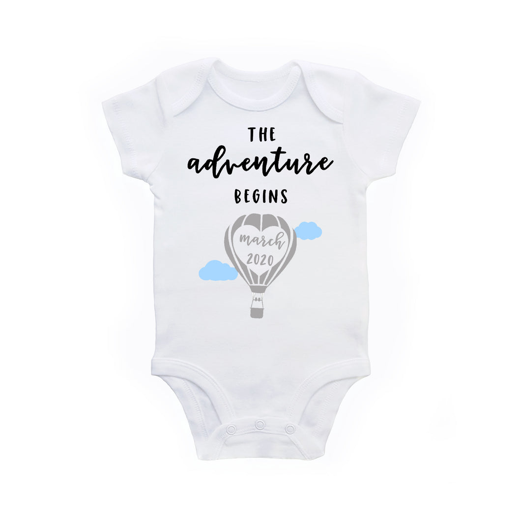 Adventure Begins Pregnancy Announcement Hot Air Balloon Custom Baby Bodysuit