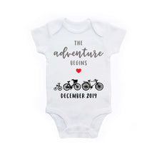 Load image into Gallery viewer, The Adventure Begins Pregnancy Announcement Bicycles Custom Date Baby Bodysuit