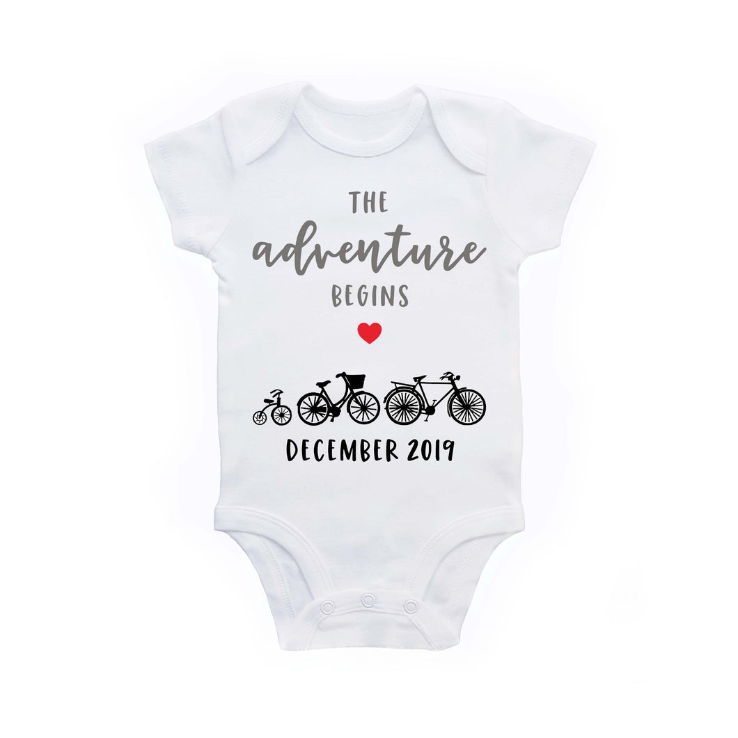 The Adventure Begins Pregnancy Announcement Bicycles Custom Date Baby Bodysuit