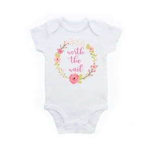Worth the Wait Floral Wreath Baby Girl Bodysuit Outfit
