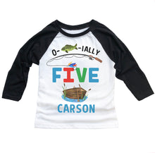 Load image into Gallery viewer, Fishing 5th Birthday Party Personalized Raglan Shirt for Boys - O-fish-ially Five