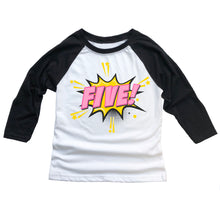 Load image into Gallery viewer, Girls Pink Superhero Birthday Party Shirt 3/4 Sleeve Raglan