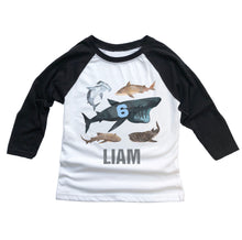 Load image into Gallery viewer, Personalized Assorted Shark Birthday Shirt for Boys 3/4  Sleeve Raglan - Custom Age and Name